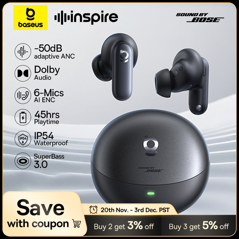  Baseus Inspire XP1 -50dB Adaptive ANC Wireless Earbuds Bluetooth 6.1 Dolby Audio 6 Mic ENC Wireless Earphones bud Sound by Bose