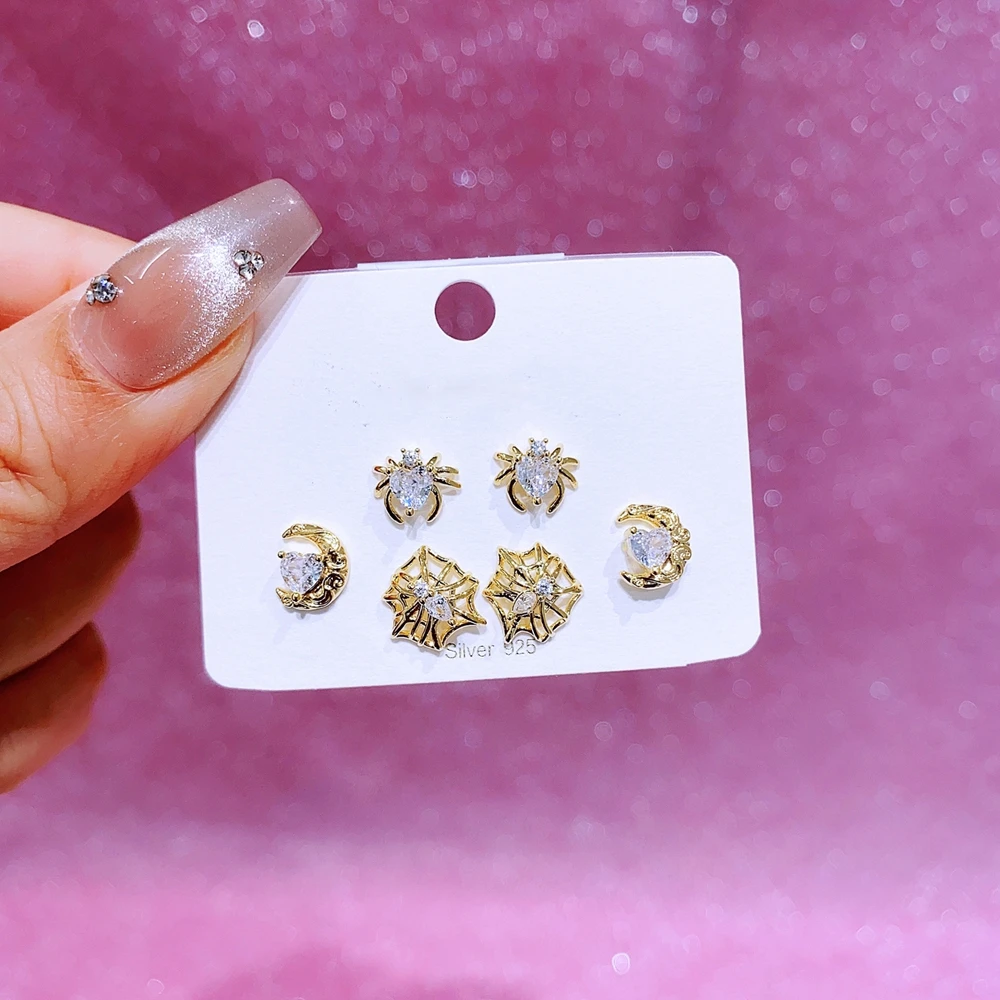 MIGGA 3 Pairs/Set Cool Spider Cobweb Stud Earrings Gold/Black Color Cubic Zirconia Women Jewelry