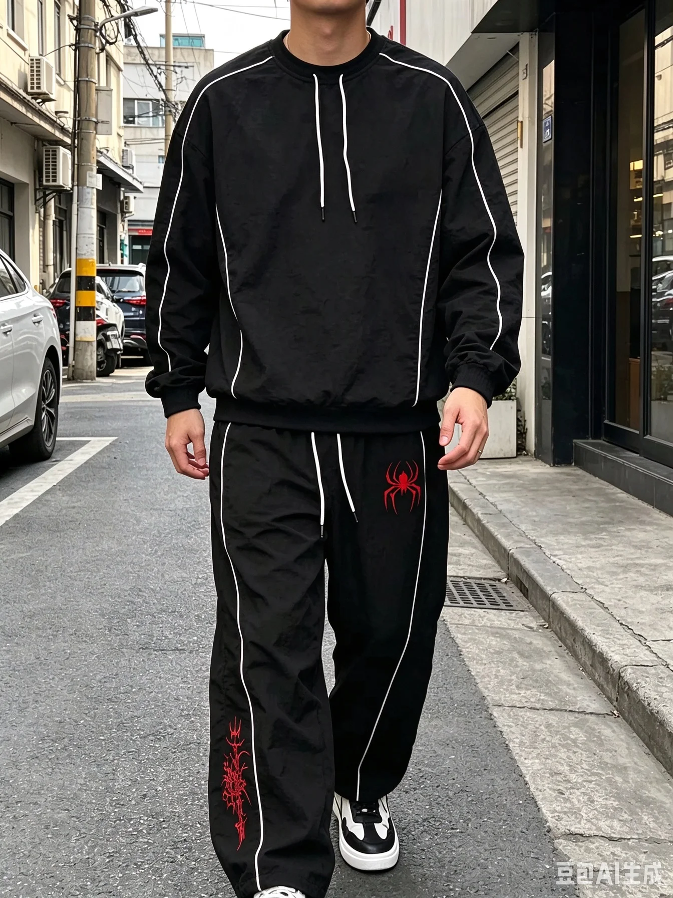 Unisex Red Spider Spiderweb Graphic Parachute Pants White Side Stripe Y2K Gothic Hip Hop Streetwear Quick Dry Trousers Pockets