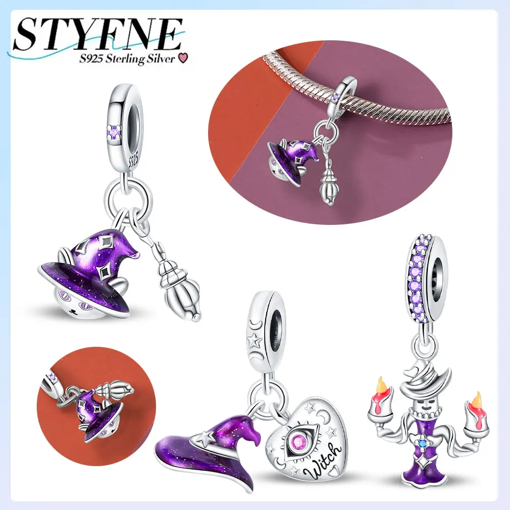 925er Silber vergoldet, Original-Charms, Halloween-Serie, Kerzenlicht, magischer Hut, magische Katze, Perlen, passend für Armbänder, Damenschmuck, Geschenk