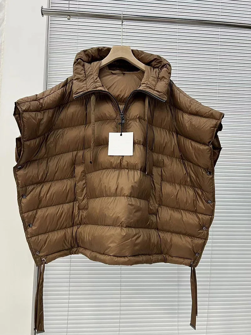 Schinteon Women 90% White Duck Down Irregular Vest with Hood Sleeveless Jacket Solid Luxurious Autumn Winter Top 2026 New