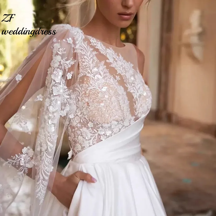 

Customized elegant bridal gowns, lace patchwork shoulder satin dresses, wedding gowns, PROM gowns, front hall De Novia