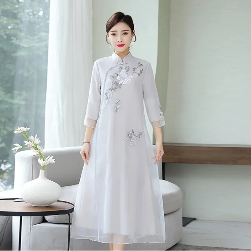 Women cheongsam improved dress retro elegant embroidery long dresses floral party Chinese dress qipao female clothing 12469