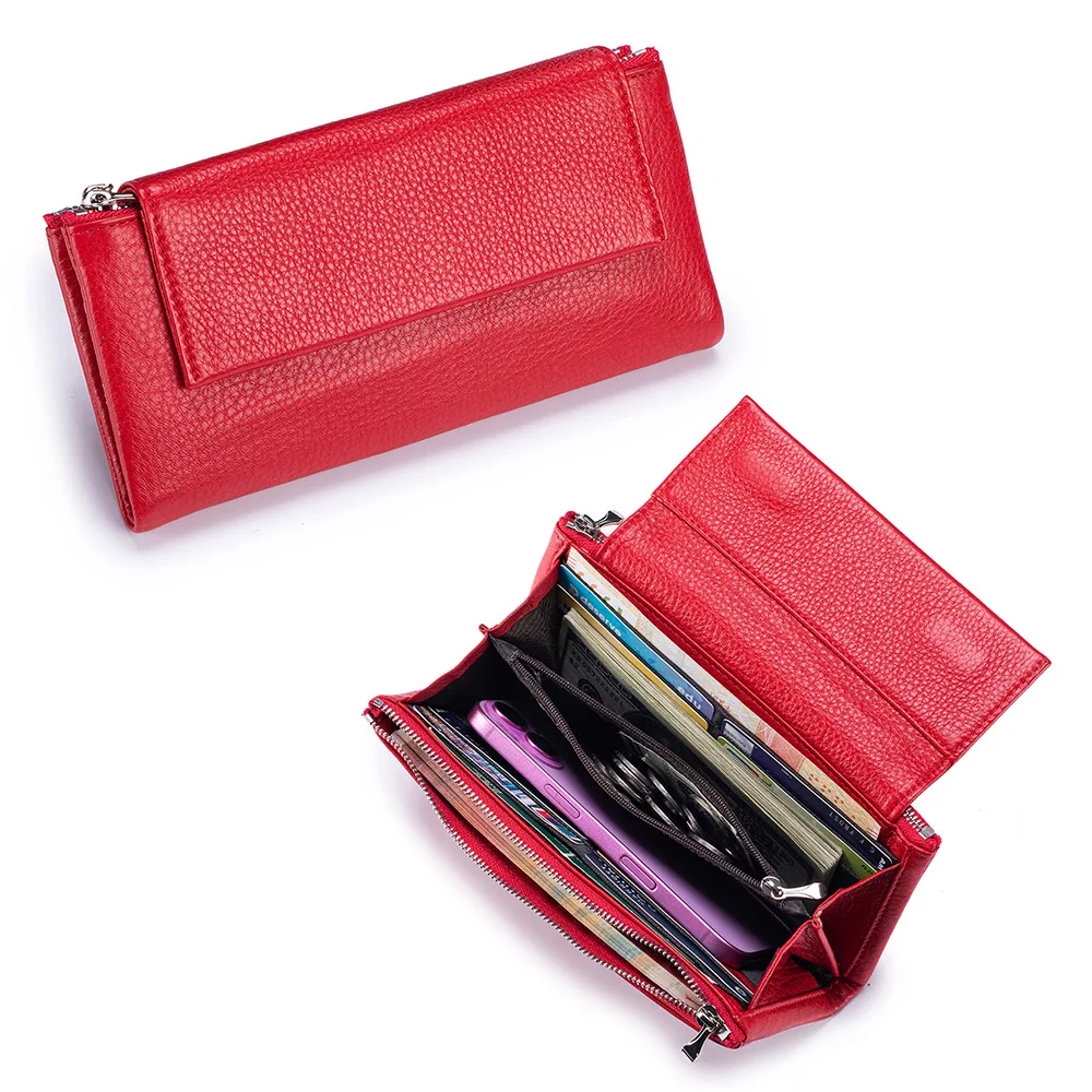 Large wallet Genuine Leather Long Wallet for Women,3 Fold Top Grain Cowhide Clutch with Separate Zipper Coin Pocket & Phone Slot