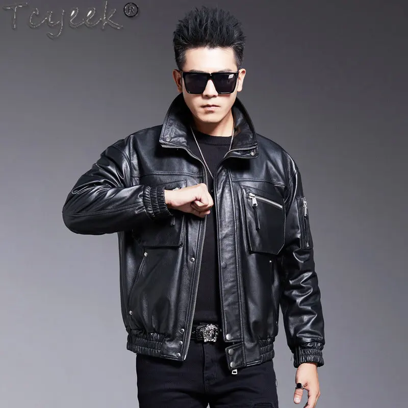 Tcyeek Autumn Top Layer Cowhide Coat 100% Genuine Leather Jacket for Man Short Leather Jackets Casual Motorcycle Coat Fashion 23