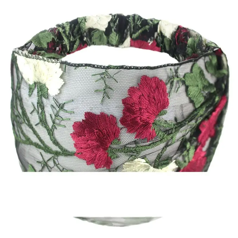 New Wide Headband for Women Ethnic Embroidery Flower Mesh Wide Edge Headbands Hibiscus Mutabilis Lace Bandaba Turban Headwear