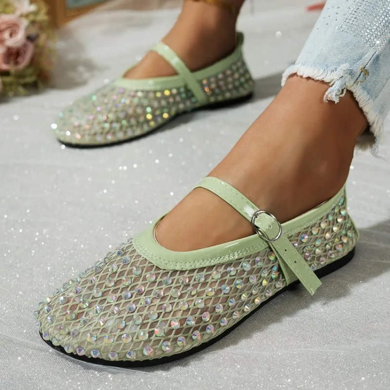 Womens Fashion Sparkling Rhinestone Mesh Mary Jane Ballet Flat Breathable Crystal Fishnet Flat Shoes Buckle Strap Ladies Comfort