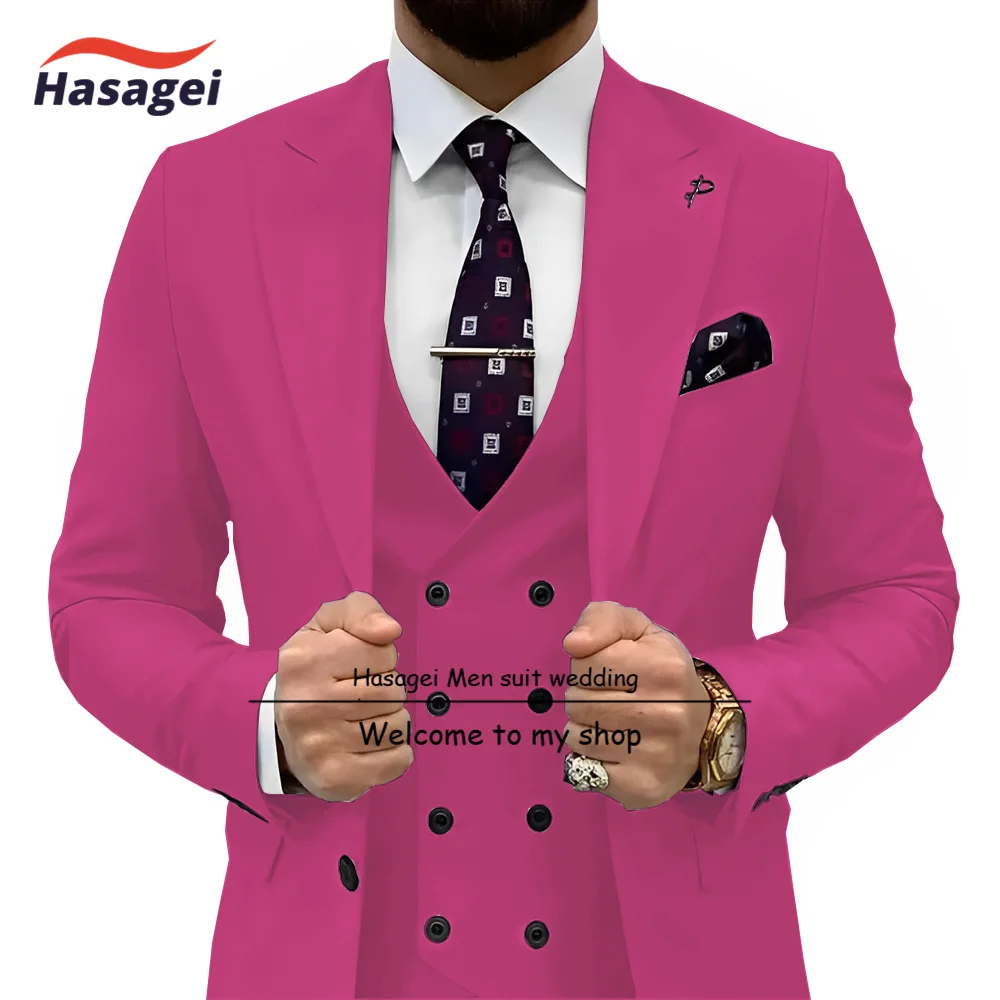 

Rose Red Classic Men's Suit Wedding Tuxedo Men Suit 3 piece Jacket Pants Vest Double Breasted Vest Custom size blazer
