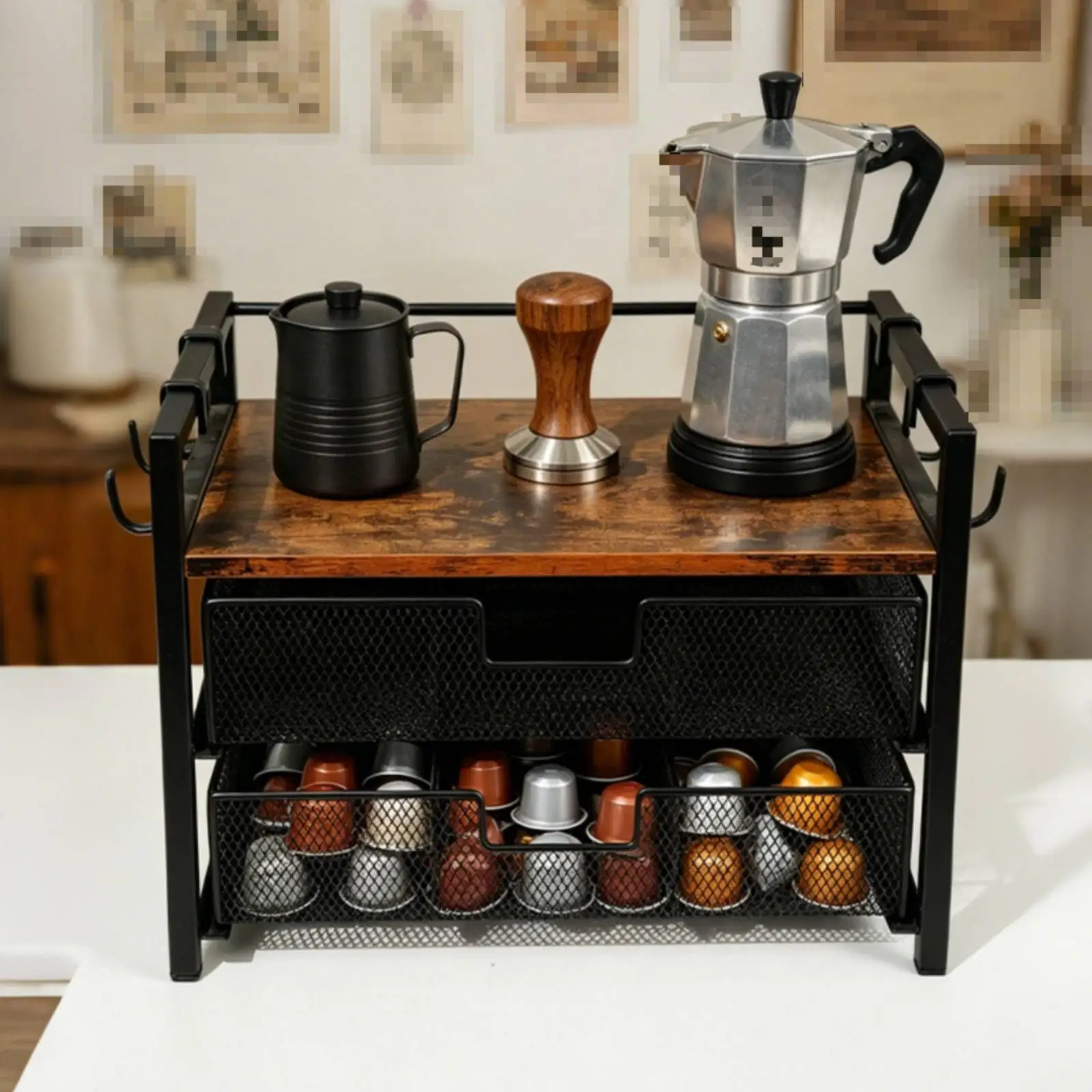 Double Tier Coffee Capsule Organizer Space Saving Mesh Drawer Capsule Organizer