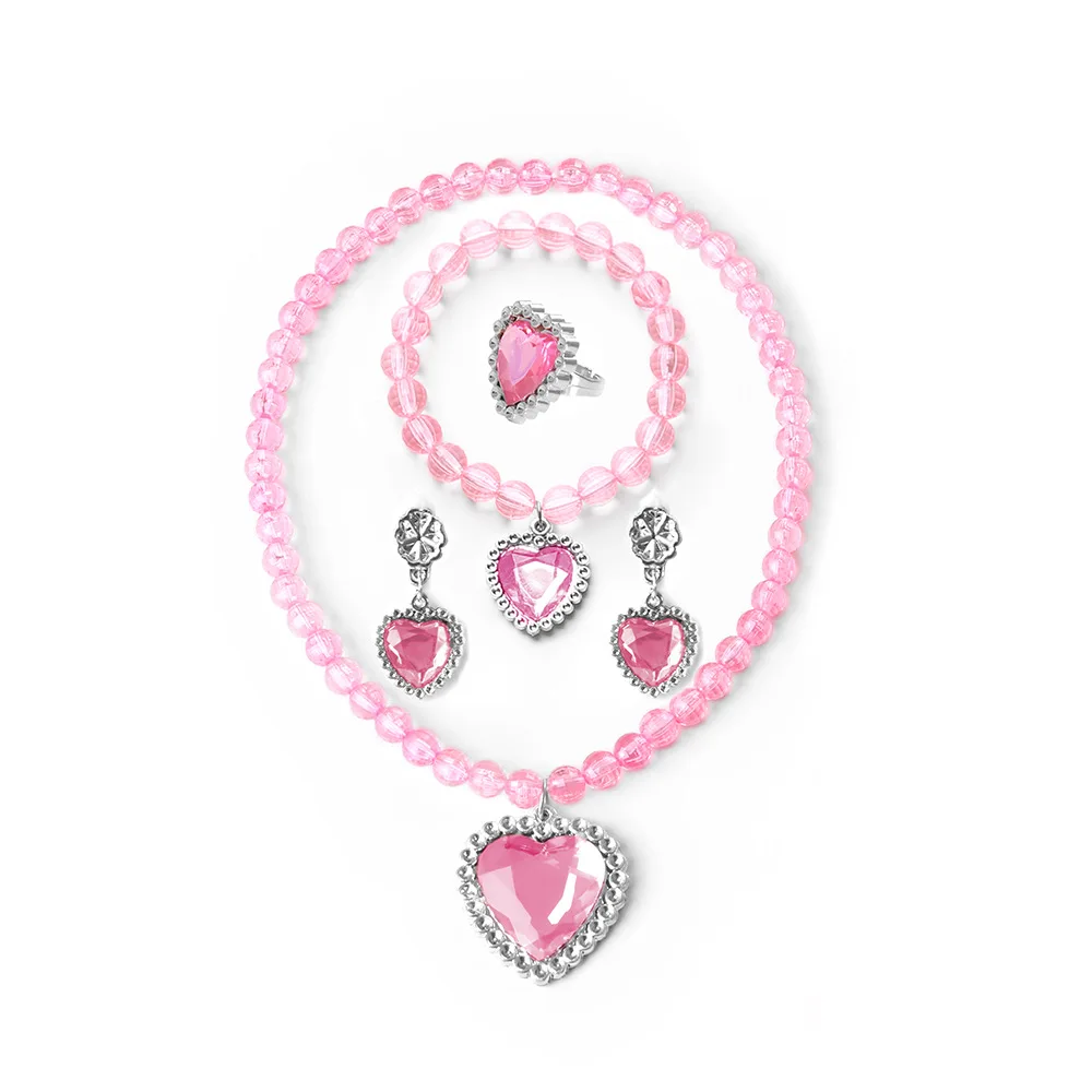 Children Girls Elsa Sofia Belle Princess Accessories Refinement Beading Necklace Pink Bracelet Ring Earring Jewelry 5pcs Sets