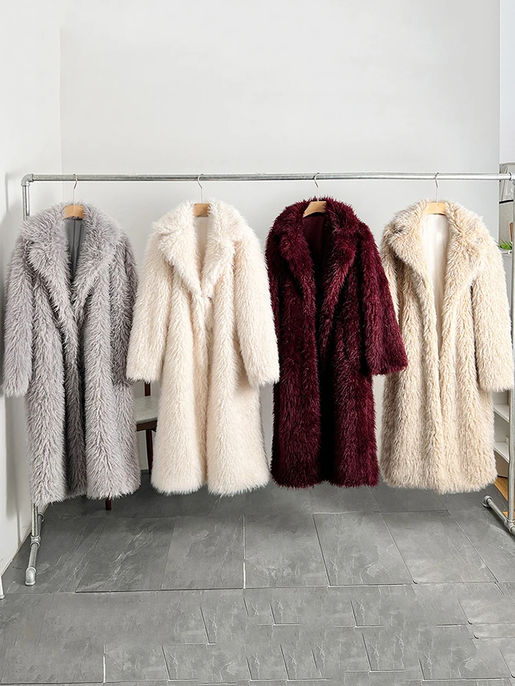 DEAT Fashion Women\'s Faux Fur Coat Lapel Loose Long Sleeve Solid Color Thick Warm Plush Jacket Winter 2024 New tide 7AB6138