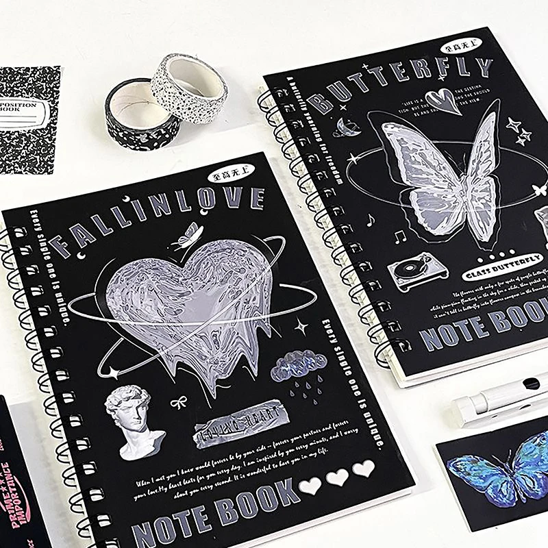 สมุดโน้ต A5 50แผ่นปกสไตล์ย้อนยุคสีดำเรียบง่ายลายการ์ตูนเส้นแนวนอนน่ารักอุปกรณ์สำหรับนักเรียน