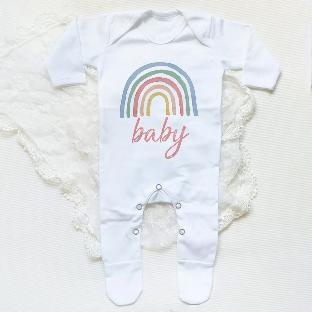 Rainbow Baby Print Baby Babygrow Sleepsuit Vest Bodysuit Newborn Coming Home Hospital Outfit Infant Birth Baptism Shower Gifts