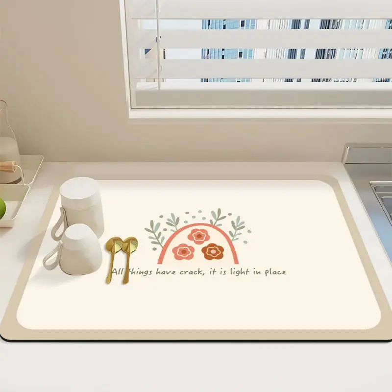 Rainbow Flower Text Kitchen Drain Pad Anti slip Coffee Machine Tableware Kitchen countertop protective pad