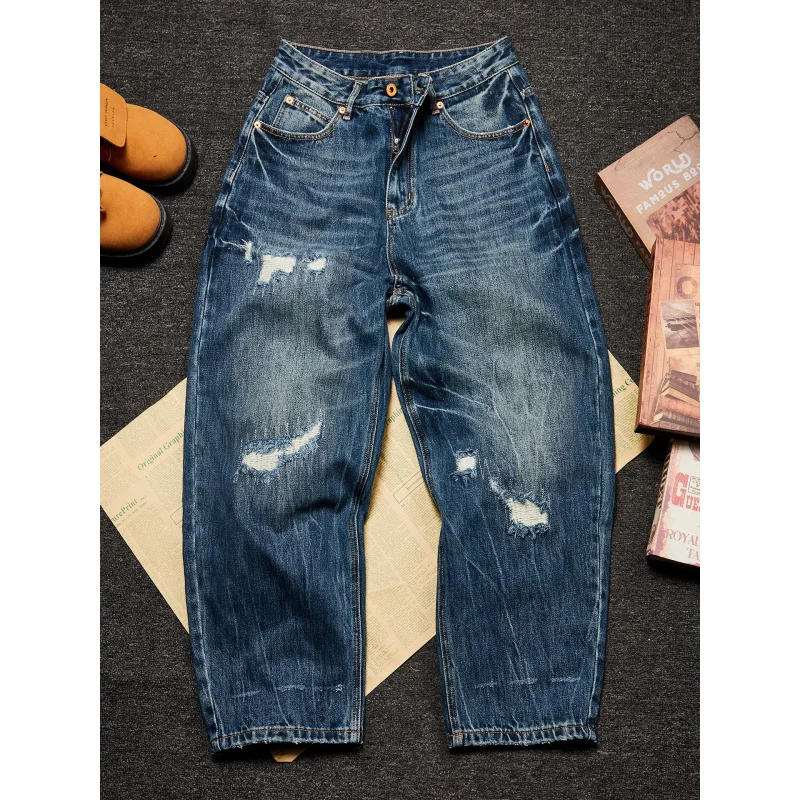 

Mens Spring Autumn American Vintage Ripped Jeans Loose Tapered Wide Leg Curved Design Fashion Denim Pants