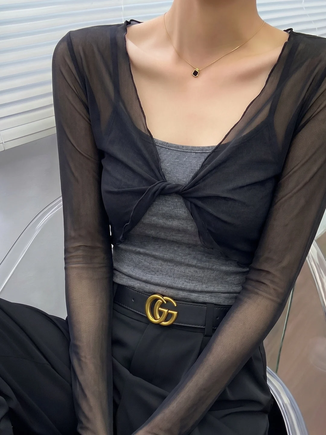 Elegant Black Long Sleeve Mesh Shawl Women's Outerwear Sun Protection Lightweight V-Neck Button Design Luxury Style T-Shirt