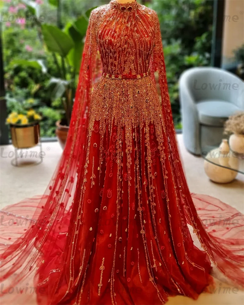 Muslim Cape Sleeve Red Celebrity Dresses A Line Beaded Crystals Dubai Luxury Evening Gown For Women Wedding Party Plus Size 2024