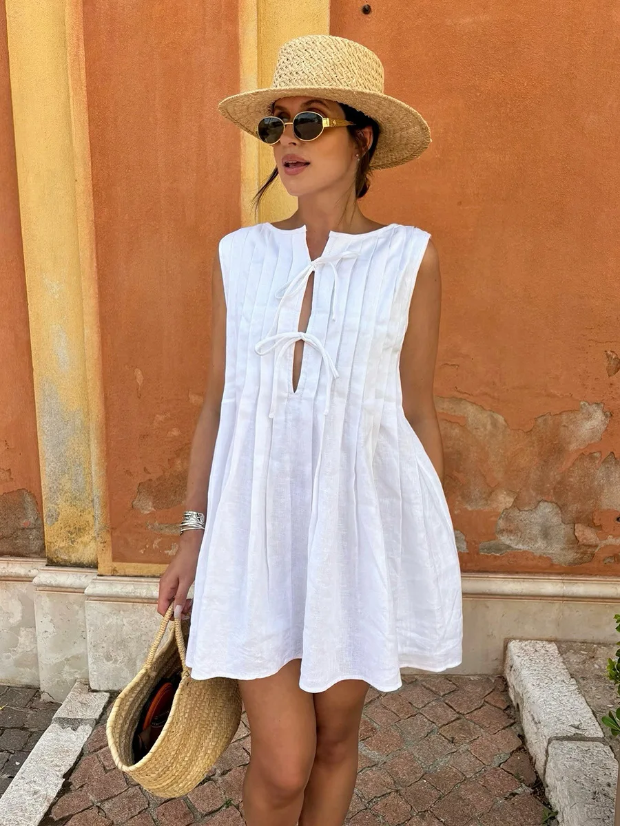 

Женское плиссированное платье-майка Bornladies, лето 2026, свежее плиссированное мини-короткое платье в непринужденном стиле