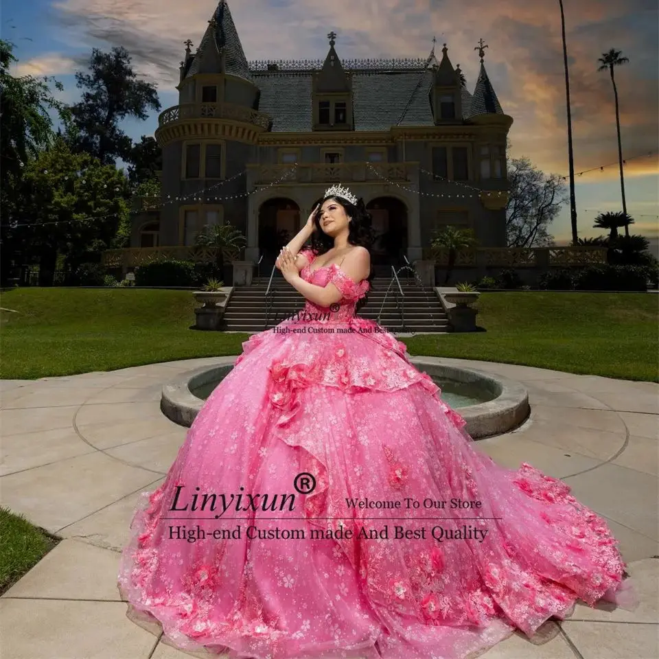 Glitter Roze Quinceanera Jurk Baljurk 3d Bloemen Applique Kralen 2024 Mexicaanse Zoete 16 Vestidos De 15 Anos