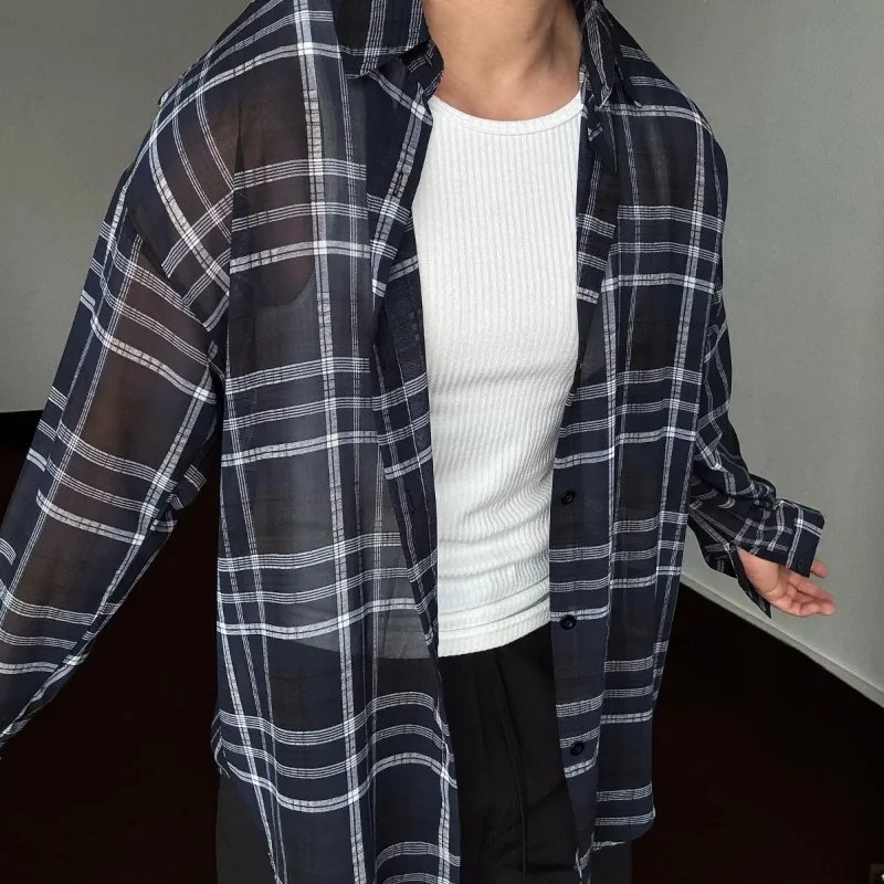 Ultra Thin Breathable Cool Summer Trend Men's Plaid Shirt Hong Kong Style Retro Plaid Casual Loose Shirt Versatile Top