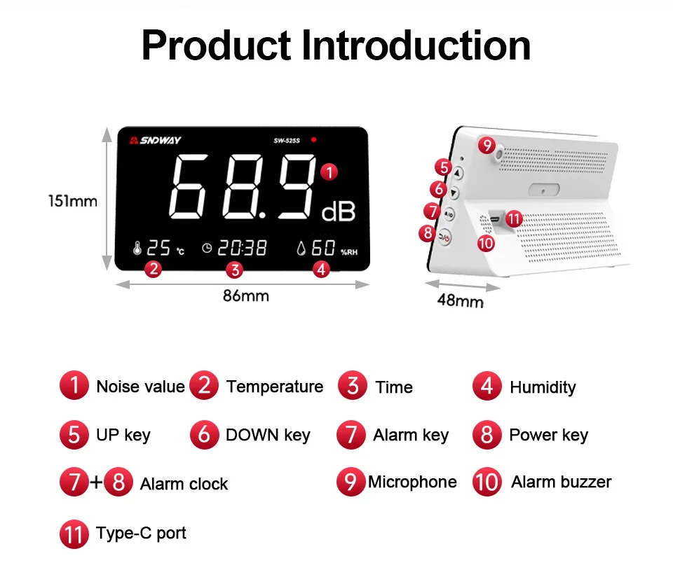 SW525S 4-in-1 digitale geluidsniveaumeter met temperatuur en vochtigheid – meet 30 ~ 130 dB decibelniveaus