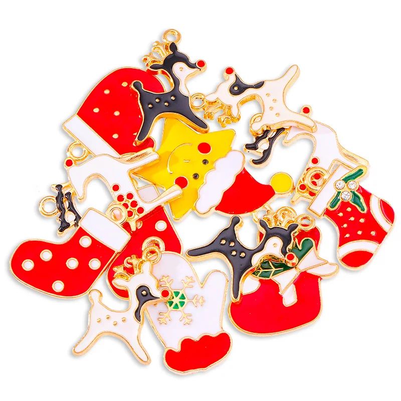 10Pcs Cute Christmas Tree Snowflake Bells Reindeer Christmas Pendant Charms for Jewelry Making DIY Bracelet Necklace Ornaments