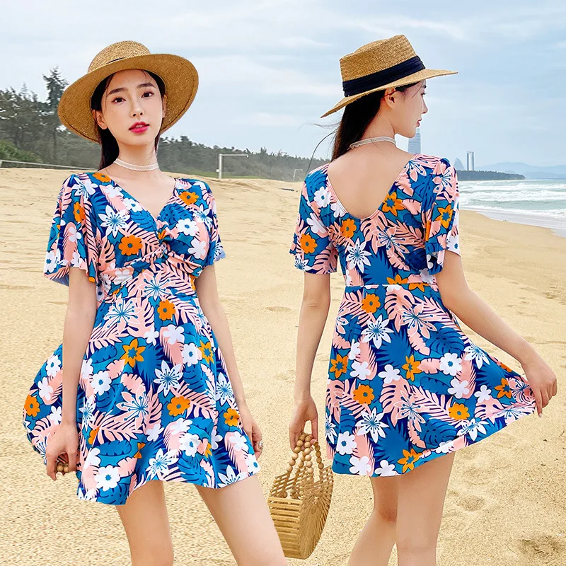 Women's One Piece Swimdress Tropical Floral V Neck Twist Front Short Sleeve Flared Skirt Summer Beach Bathing Suit Swimwear