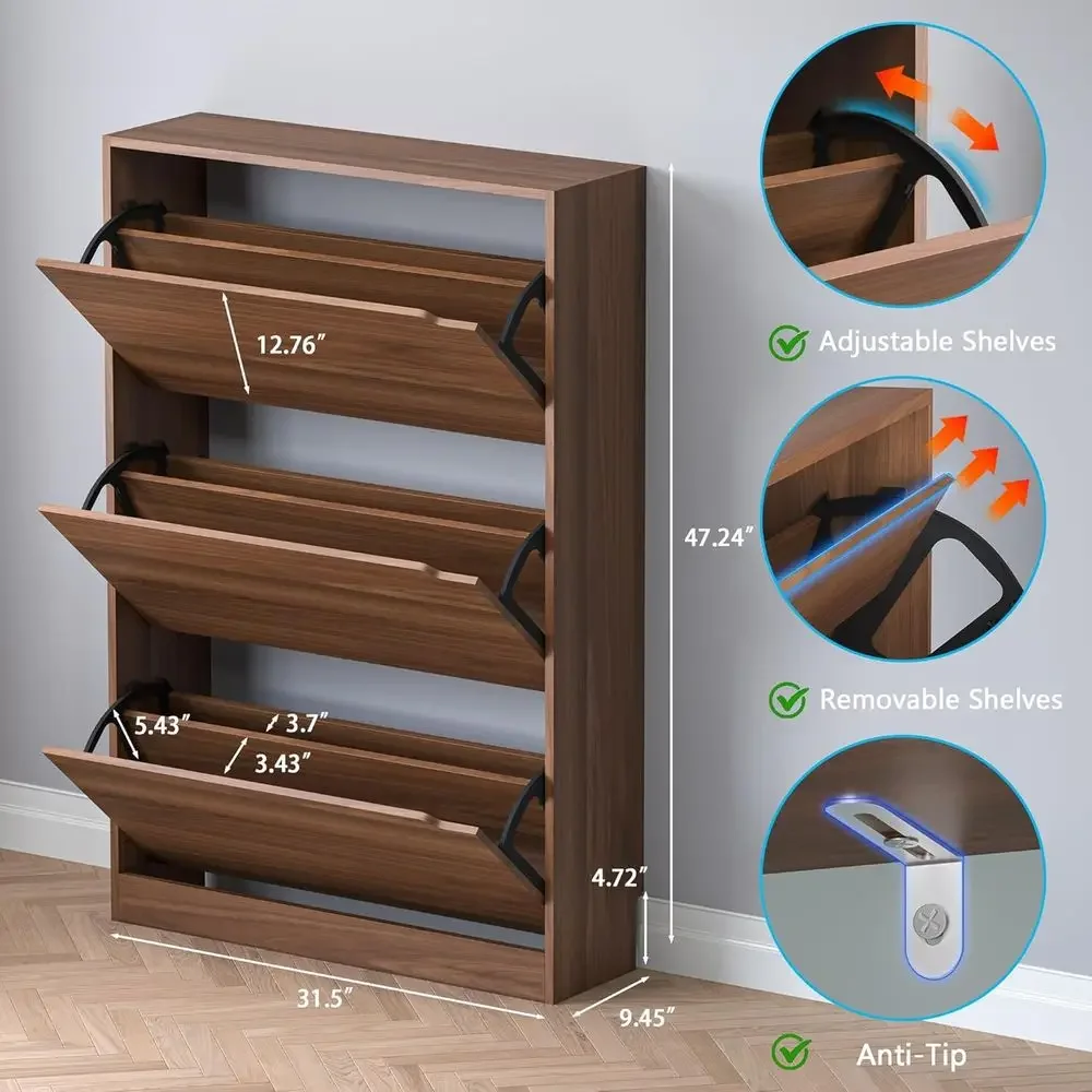 Shoe Cabinet with 3 lip Ders, Slim Narrow Shoe Storage Cabinet, reestanding Shoe Organizer with Adjustable & Removable Shelves,