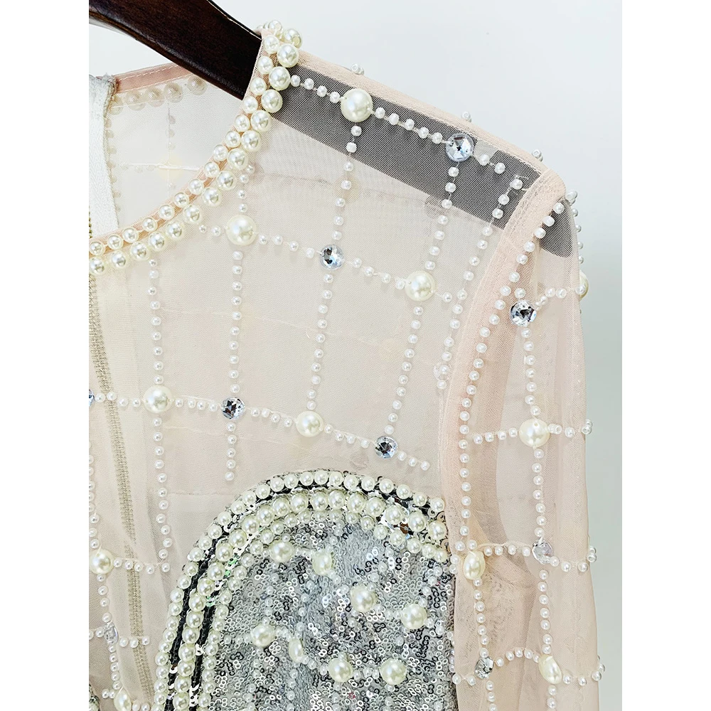 HIGH STREET Abiti da sera firmati più nuovi da donna Splendidi diamanti Perle Perline Paillettes Abito in garza a maniche lunghe Massaggio Грэйmavera』