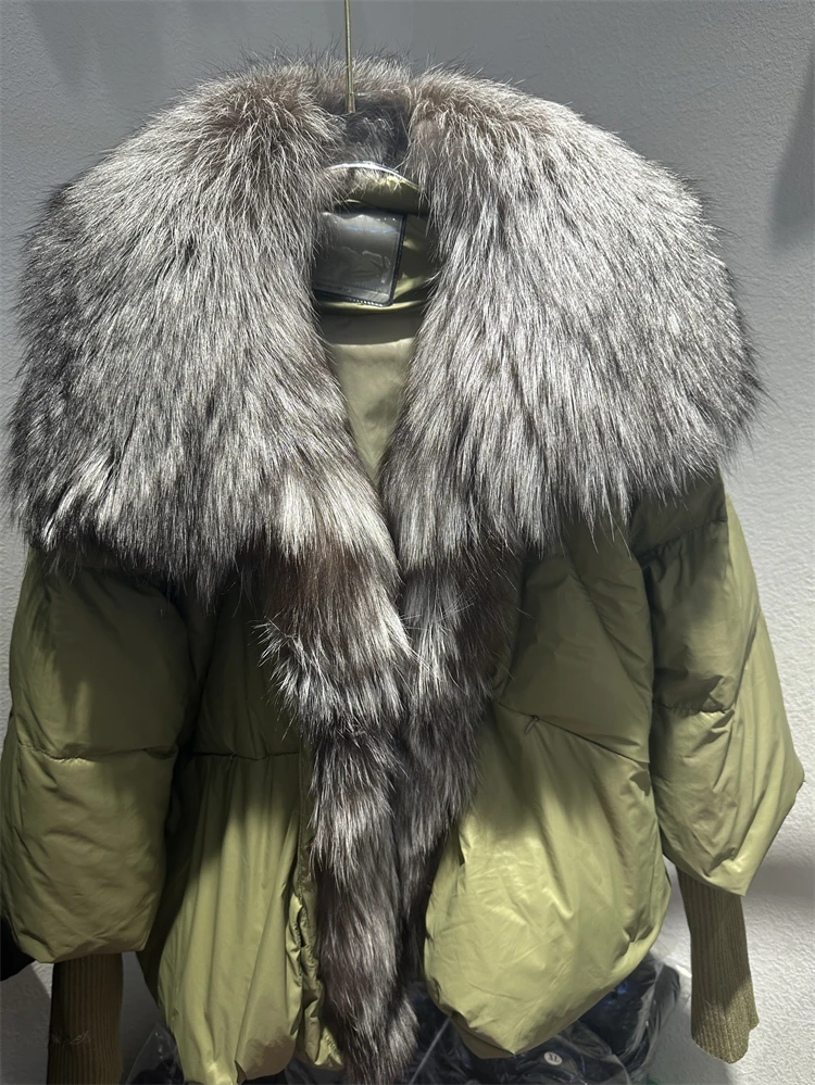 OFTBUY New Duck Down Jacket Winter Coat Women Super Large Real Silver Fox Fur Collar Jacket Knit Sleeve Fashion Luxury Outerwear