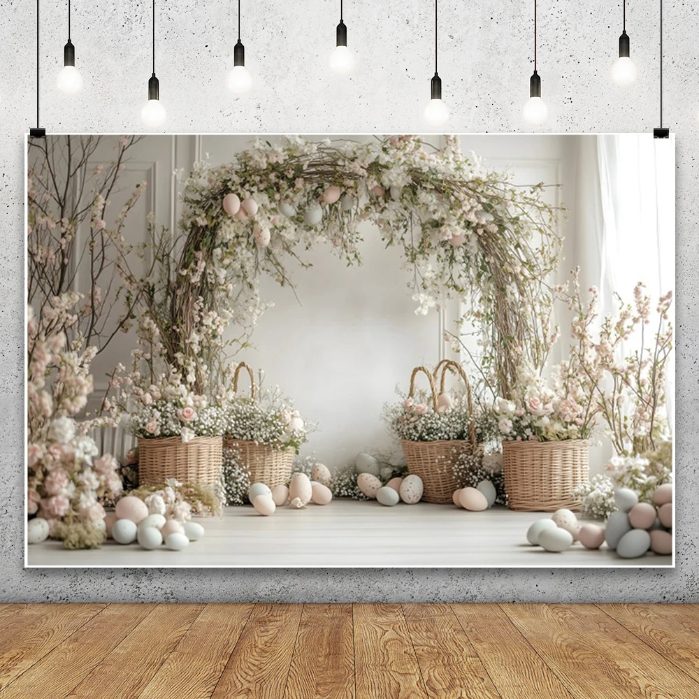Spring Easter Photography Background Boho Flowers Arched Wall Eggs Baby Shower Kids Easter Party Portrait Decor Photo Backdrop