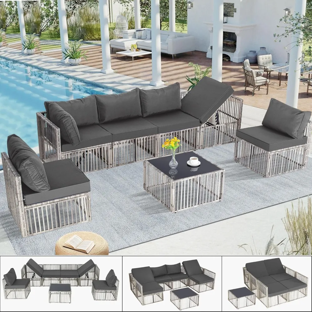 

7 Pieces Outdoor Patio Furniture Set, Wicker Outdoor Sectional Conversation Couch Set with Adjustable Backrest Sofa