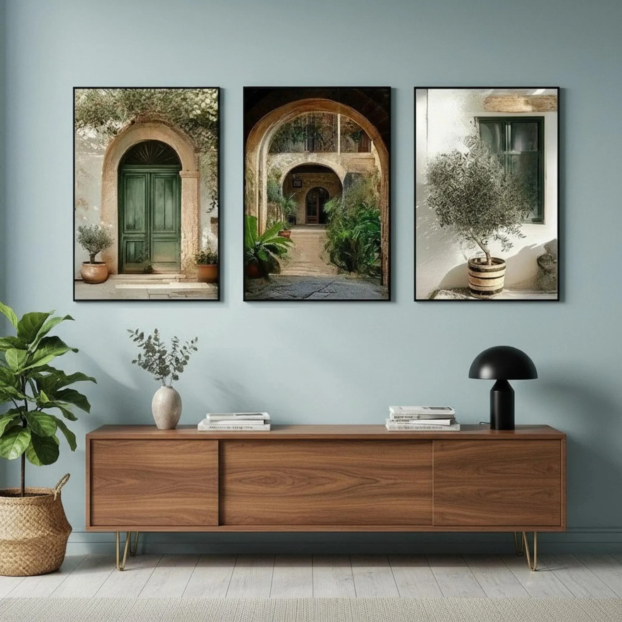 3Pcs Rustic Mediterranean Canvas Print Set,Neutral Beige Olive Tree Door & Stone Archway Wall Art,Tuscan Courtyard Gallery Decor