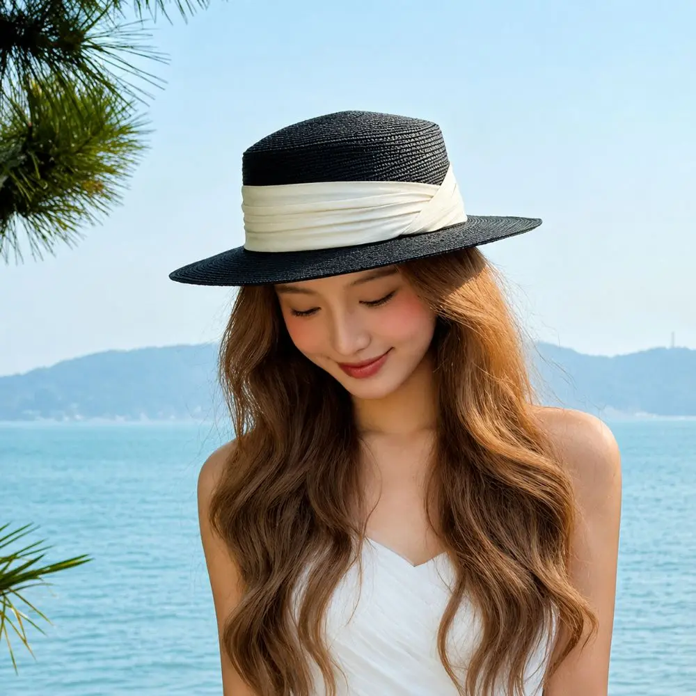 French Wide Brim Summer Sun Hats UV Protection Ribbon Decor Flat Top Hat Versatile Elegant Beach Hats for Women