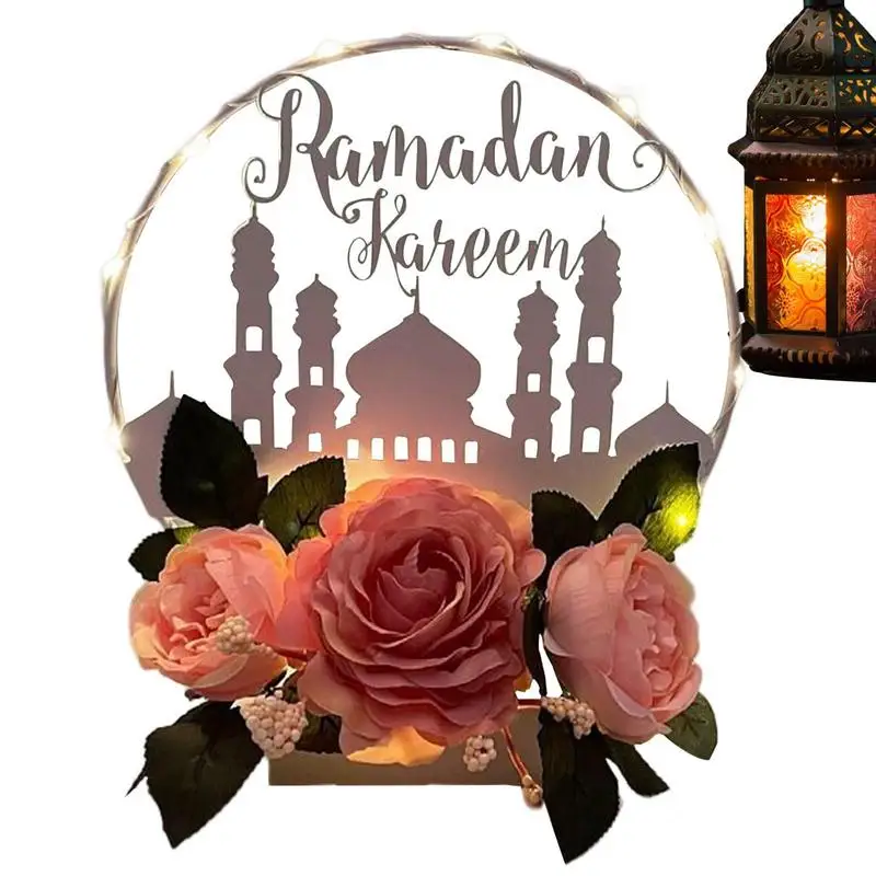 Eid Decorations For Home Iron Eid LED Lamp Flower Table Decor 3D Handmade Lights Ornaments Islamic Wall Table Decor No Battery