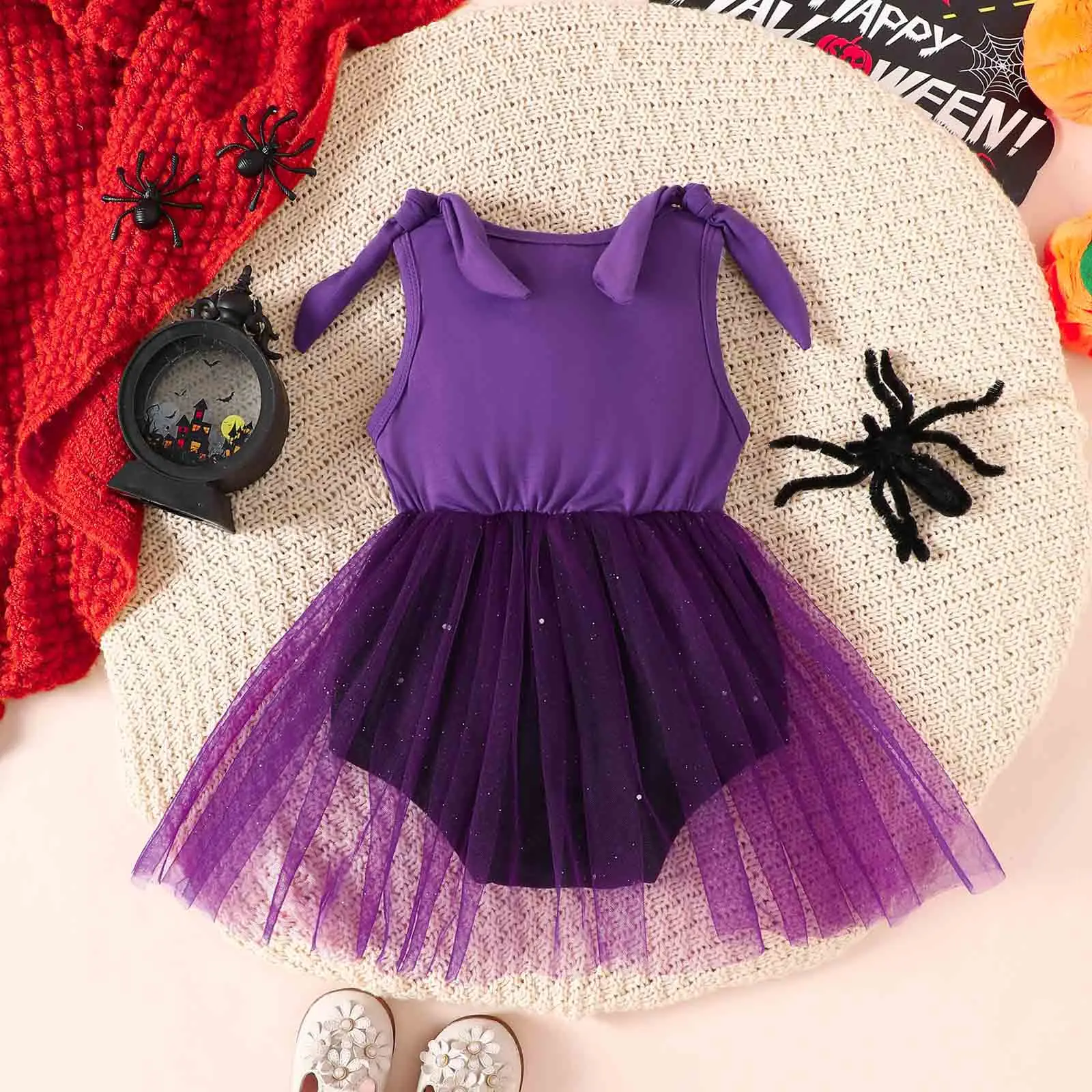 Barboteuse d'Halloween pour Nouveau-né Fille, Vêtements de brev, Violet, Noir, Costume de Sorcière, Combinaison en Tulle Mignonne