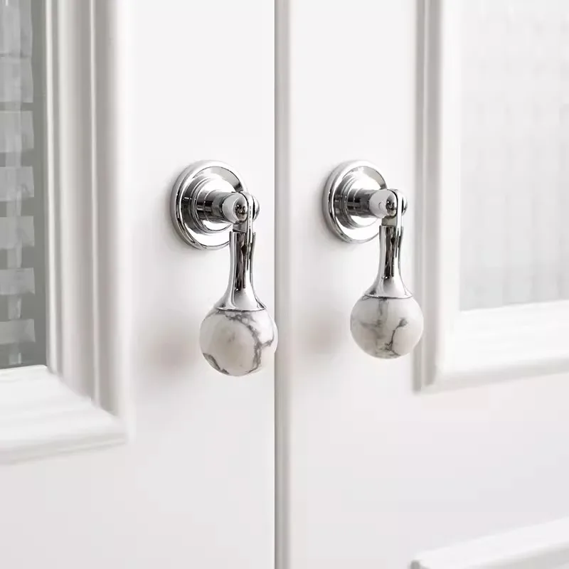 Natural Marble + Brass Furniture Handles White Pink Crystal Ball Wardrobe Pulls Chrome Cupboard Door Knobs Cabinet Hardware