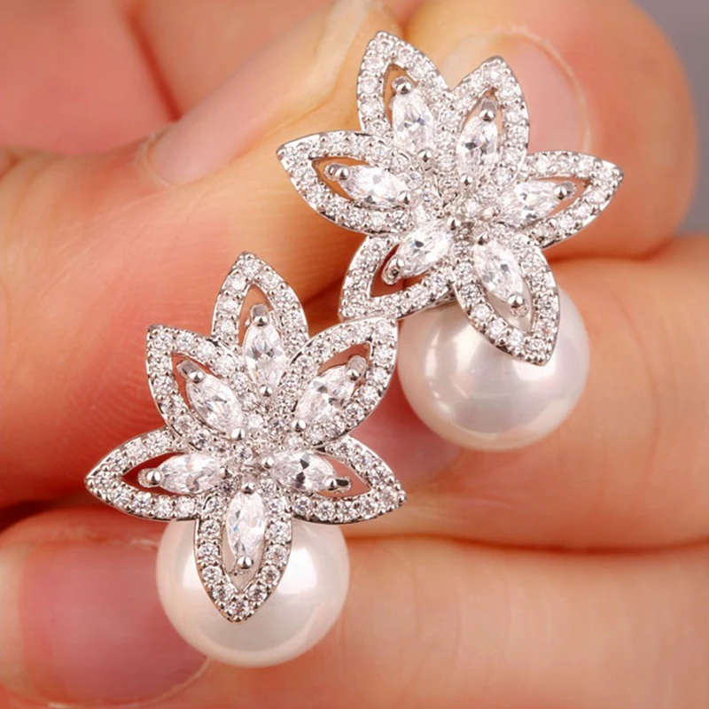 Fashion Imitation Pearl Wedding  Jewelry Elegant Zircnia Crystals Stud Earrings For Women Patry Dress Accessories CE1858