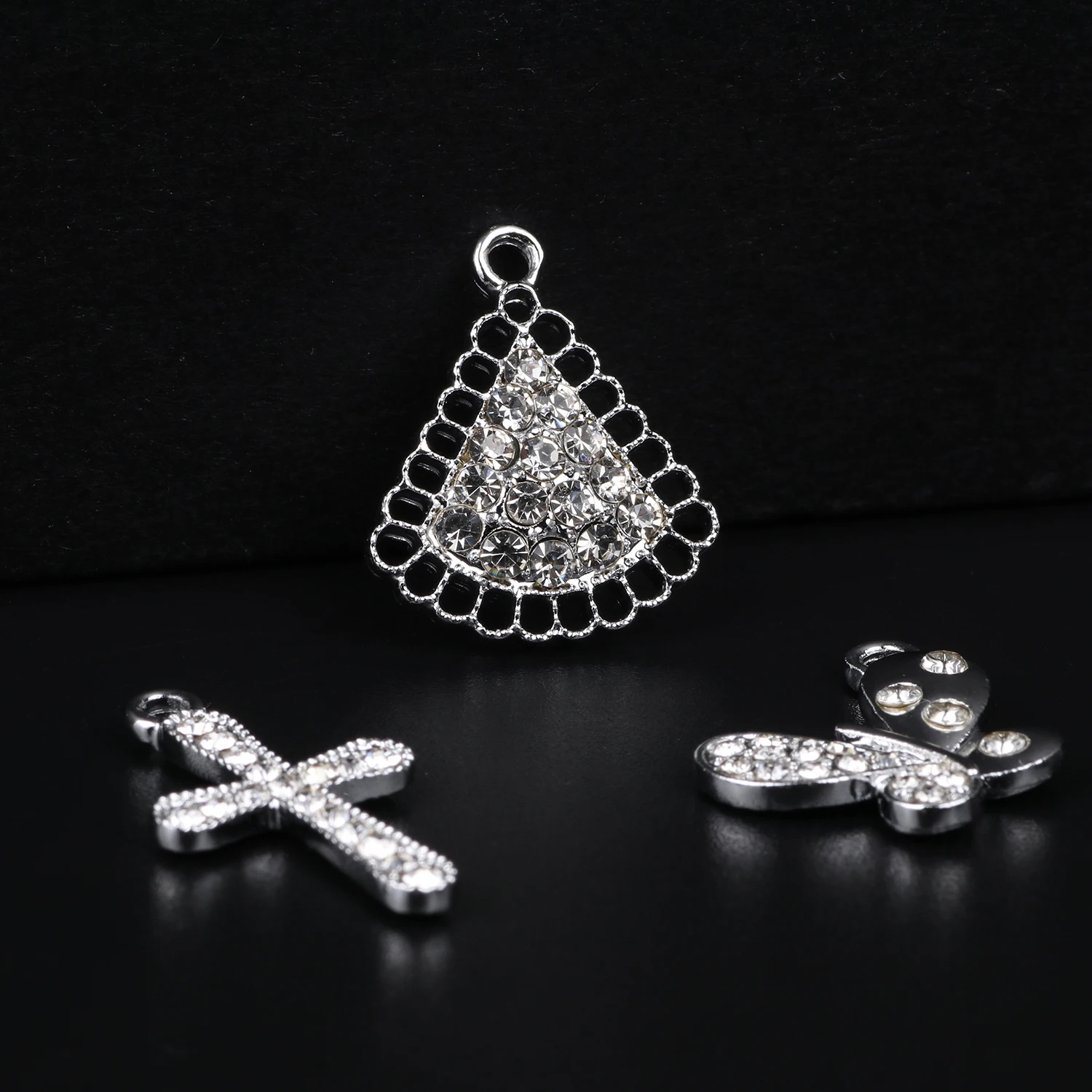 5pcs/lot Silver Color Love Heart Cross Round Shell Rhinestone Alloy Charms For Jewelry Making DIY Earrings Pendants Accessories