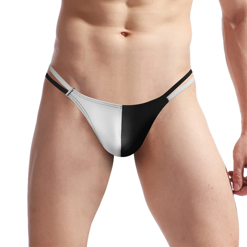 

Men Sexy Patchwork Thong Briefs Thin Straps Low Waist G-String Underpants Pouch Panties Breathable Open Butt Erotic Underwear