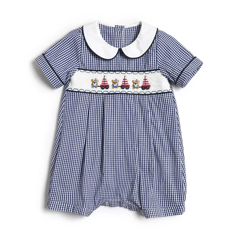 2024 Spanish Newborn Baby Boys Summer Rompers Kids Boutique Cartoon Handmade Embroidery Plaid Bodysuit Children Smocked Outfit