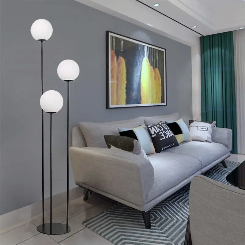 

Minimalist Vertical Three Headed Glass Iron Floor Lamp Nordic Modern Home Living Room Decoration Ornament Warm Bedroom Lighting