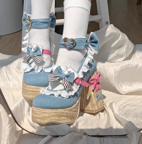 

Lolita Style Round Toe Platform Women Marry Jane Shoes Wood Pattern Chunky High Heels 12CM Buckle Strap Design Lady Pumps Shoes