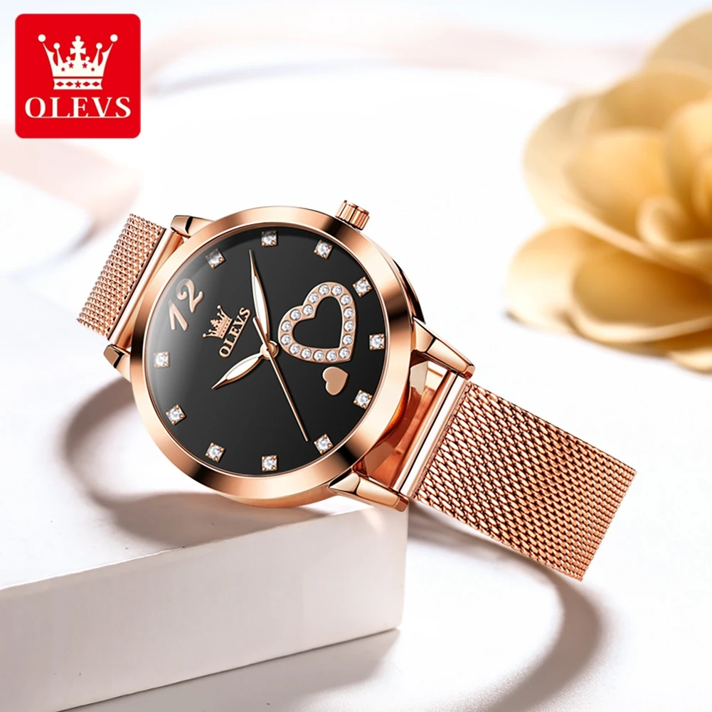 OLEVS 5189, простые кварцевые часы для женщин, дизайн с бриллиантами и сердечками, модные элегантные водонепроницаемые женские часы со стальным ремешком из розового золота