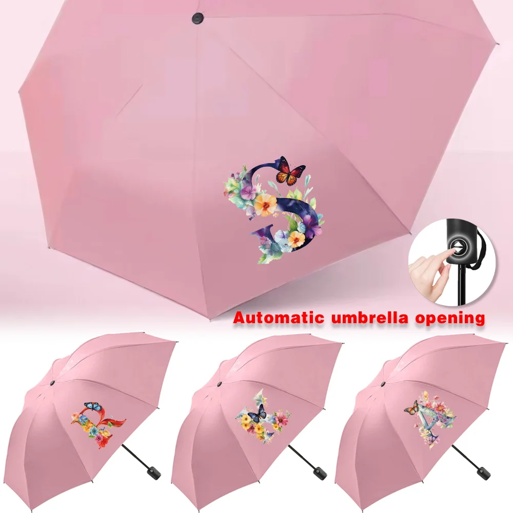 UV Automatic Umbrella Sunshade Sunscreen Rain Umbrellas Cute Print Outdoor Picnics Hiking Travel Essentials Butterfly Letter