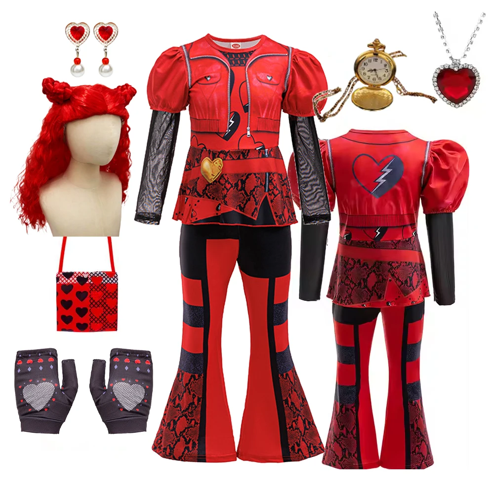 Rotes Fantasy-Königinnen-Kostüm für Mädchen, stilvolles Cosplay-Outfit mit Perücke für Halloween, Karneval, Geburtstagsparty, 2–10 Jahre