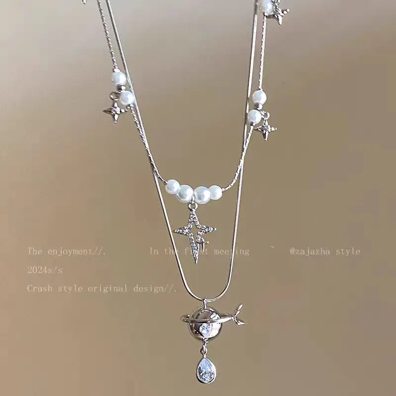 Unique Pearl Saturn Planet Necklace For Women Fashion Star Silver Color Collar Chain Jewelry Accessory Office Party Girls Gift