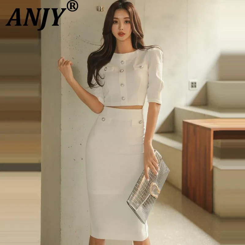 

ANJY Весенне-летний новый женский комплект в корейском стиле: элегантный приталенный офисный костюм-двойка с модным коротким топом на пуговицах и облегающей юбкой A20060