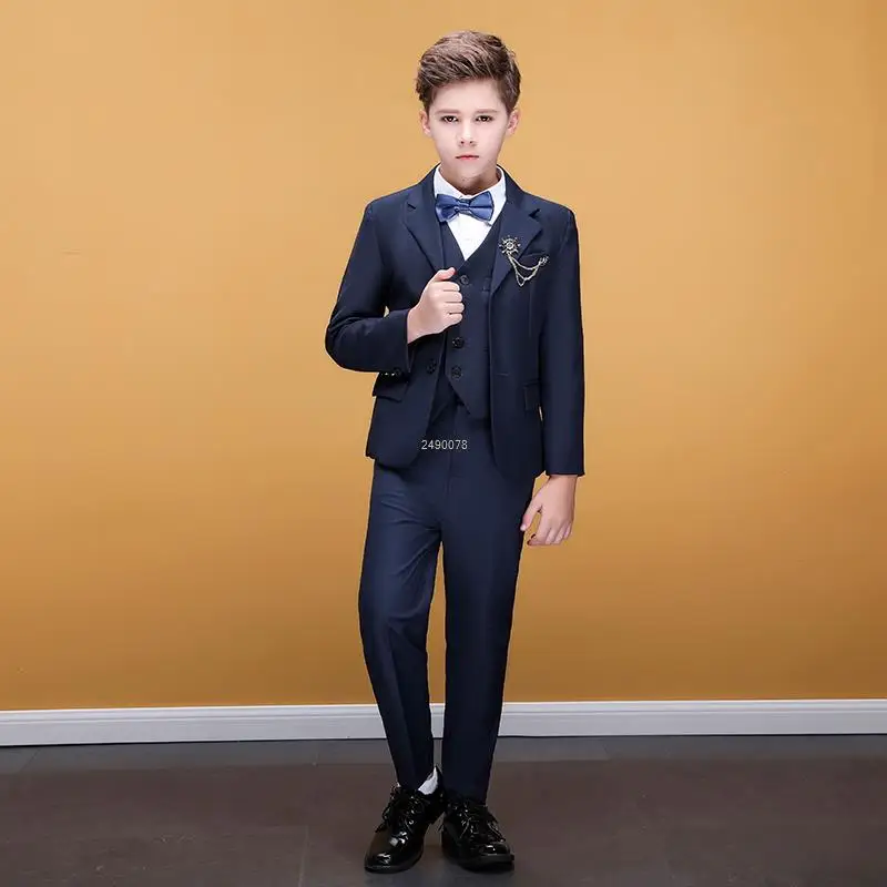 

Flower Boys Navy Blue Photograph Suit Kids Wedding Suit Teenager Birthday Tuxedo Dress Children Graduation Stage Show Costume