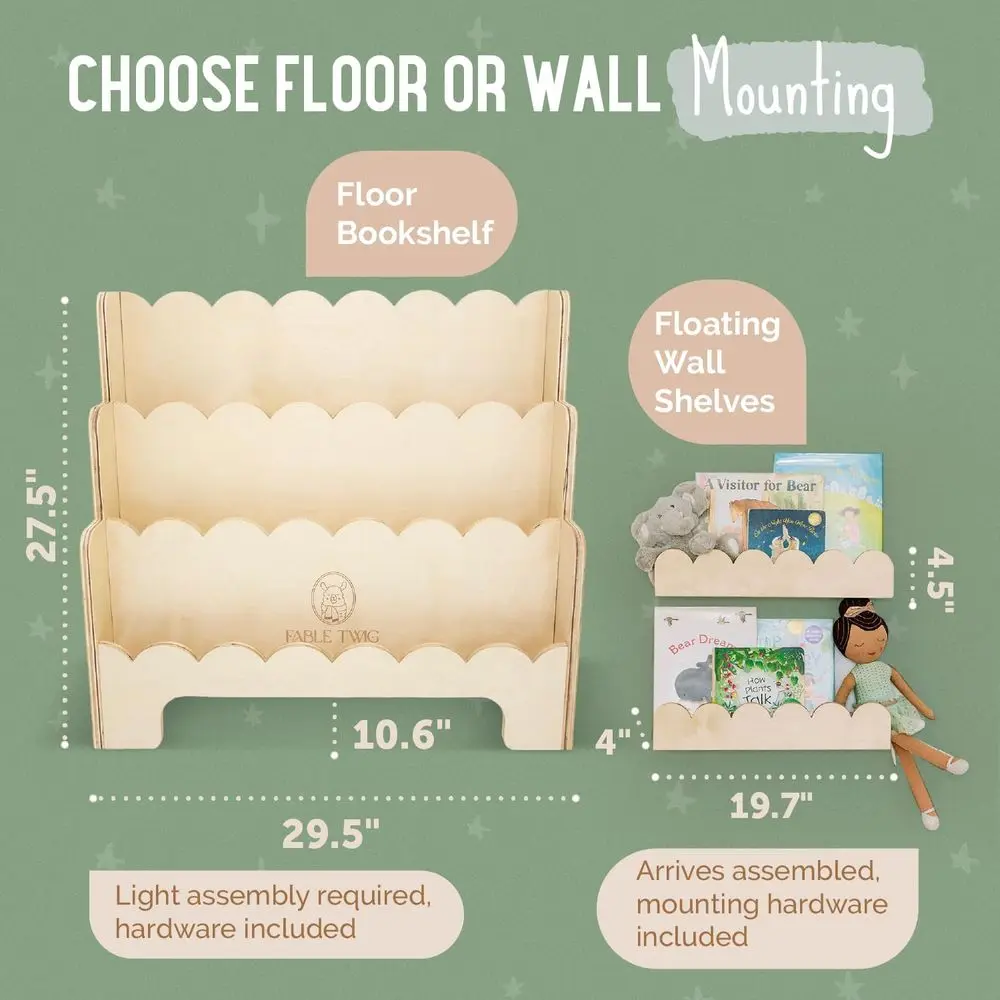 رف كتب للأطفال مصنوع من 3 طبقات خشبي أمريكيًا بحواف صدفية - ارتفاع مونتيسوري مثالي لغرف الأطفال وغرف اللعب - D #2